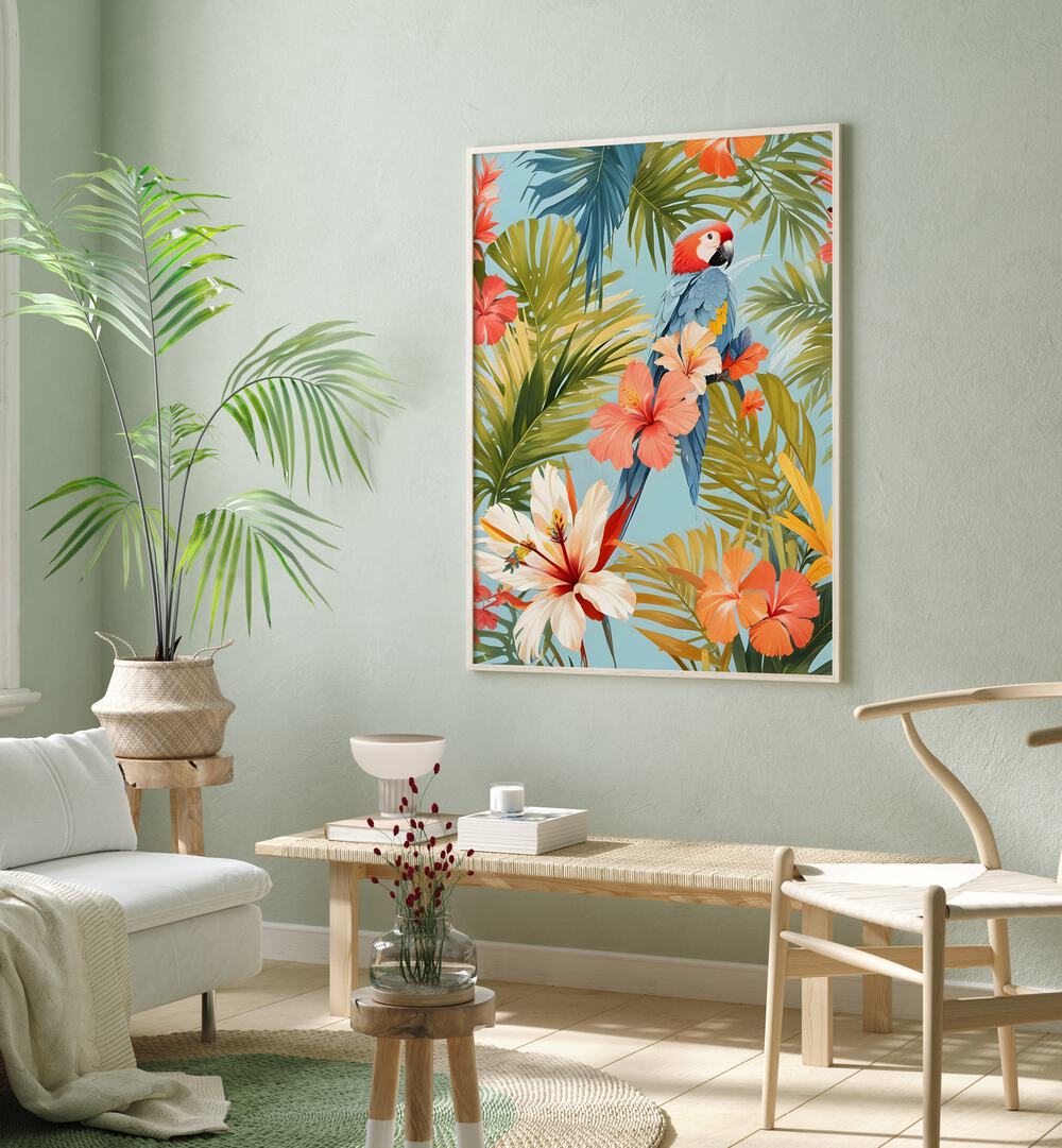 Macaw Tropical Solitude By Uma Gokhale Animal Art Prints in Oak Wood Plain Frame on a green wall beside a plant