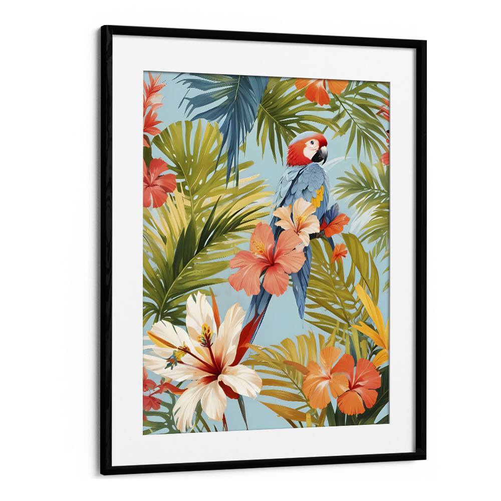 Macaw Tropical Solitude By Uma Gokhale Animal Art Prints in Black Frame With Mount