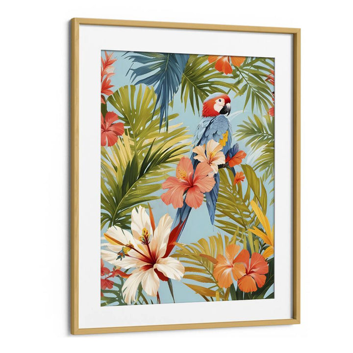 Macaw Tropical Solitude By Uma Gokhale Animal Art Prints in Oak Wood Frame With Mount