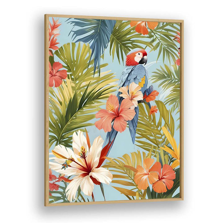 Macaw Tropical Solitude By Uma Gokhale Animal Art Prints in Oak Wood Plain Frame