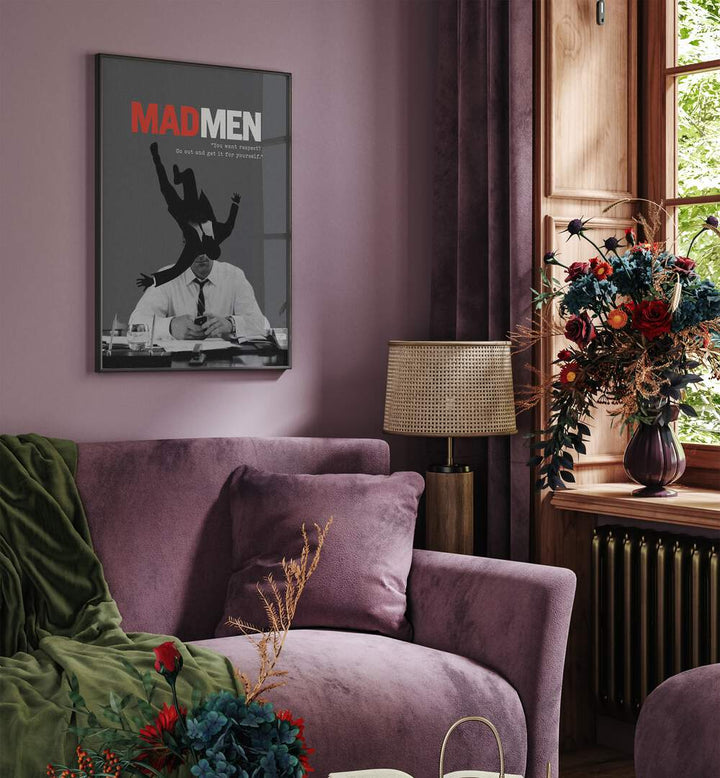 Mad Men By Grishma Korjani Movie Posters in Black Plain Frame placed on a Purple Colored Wall in the Living Room