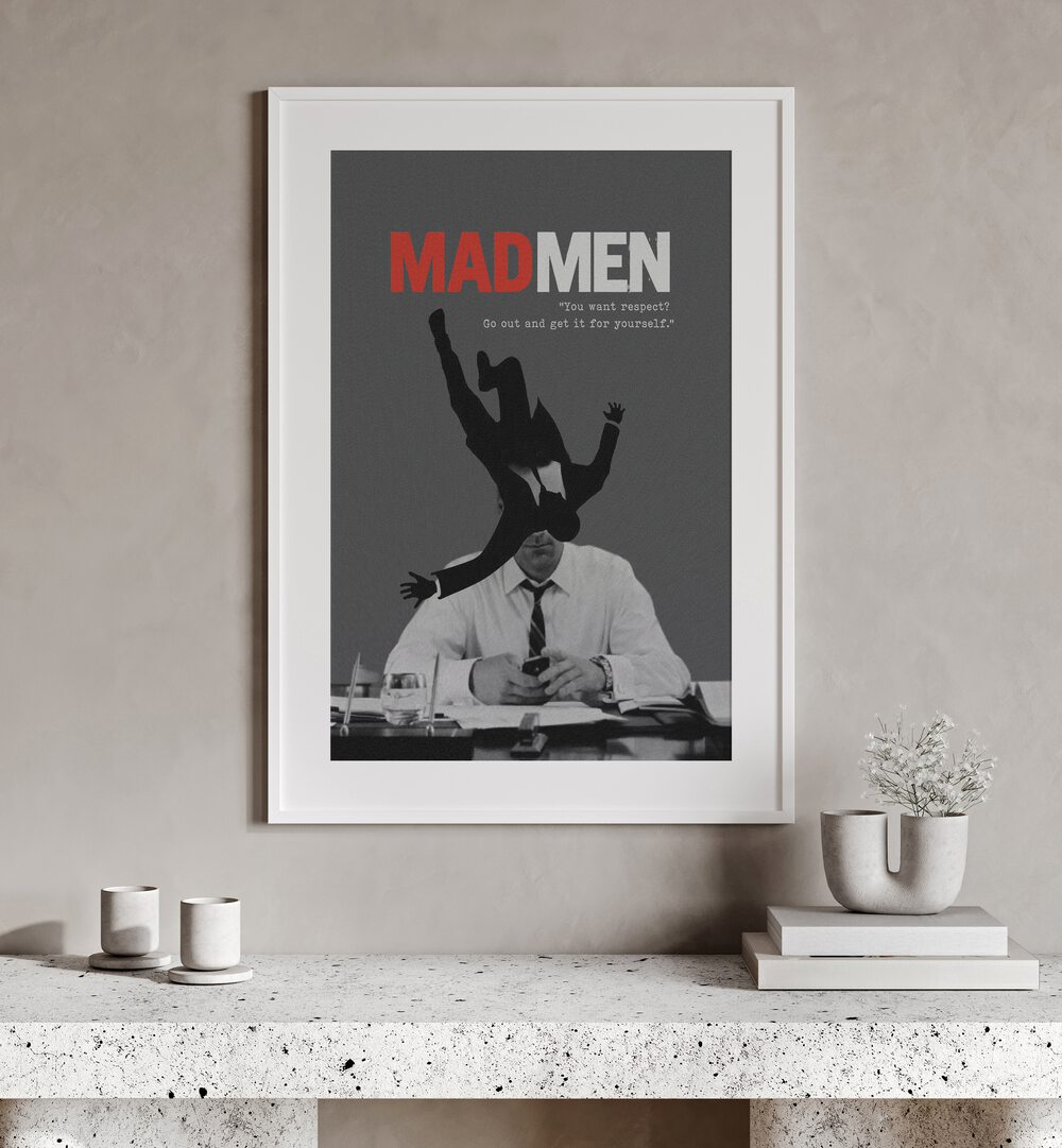 Mad Men By Grishma Korjani Movie Posters in White Frame With Mount placed on a Beige Colored Wall in the Drawing Room