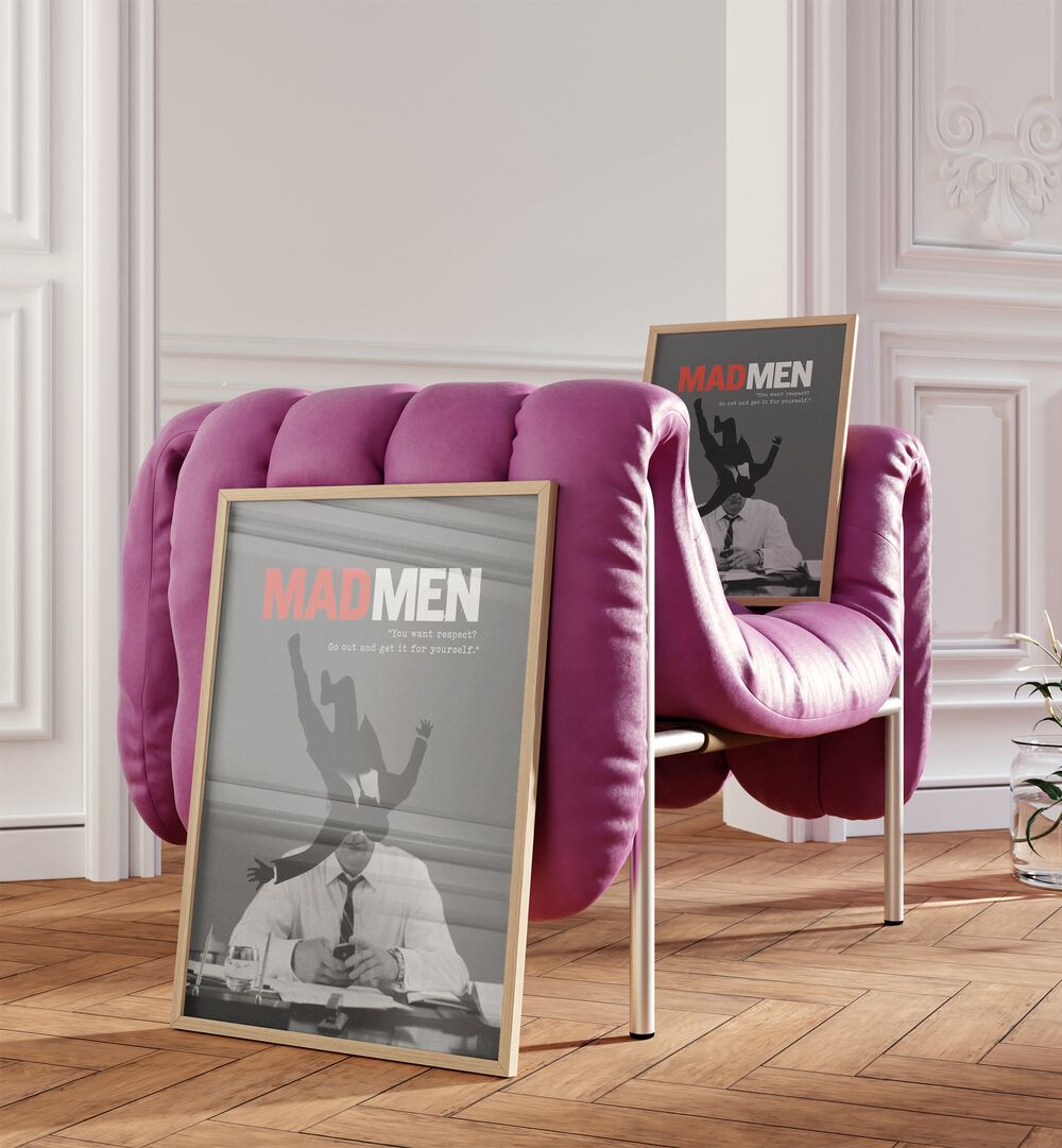 Mad Men By Grishma Korjani Movie Posters in Oak Wood Plain Frame placed on a Floor in the Living Room