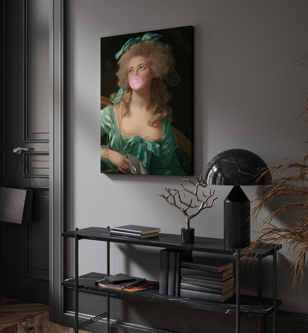 Madame Bubble-gum By Grace Digital Art Co Altered Art Prints in Gallery Wrap placed on a wall behind a table and beside a door