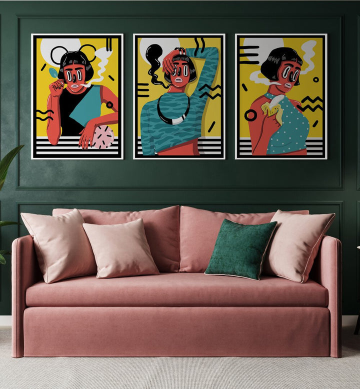 Madame X Framed Art Set Set Of 3 Paintings in White Plain Frame placed on a green wall behind a pink sofa