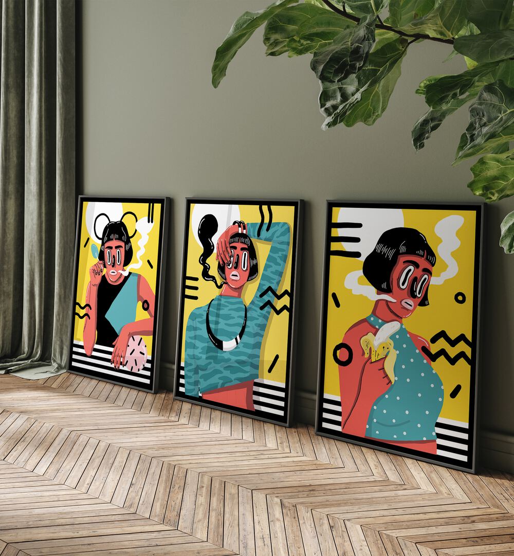 Madame X Framed Art Set Set Of 3 Paintings in Black Plain Frame placed on the floor 