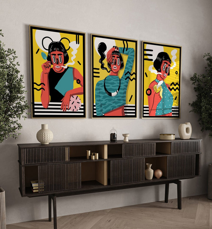 Madame X Framed Art Set Set Of 3 Paintings in Oak Wood Plain Frame placed on the wall behind a console table