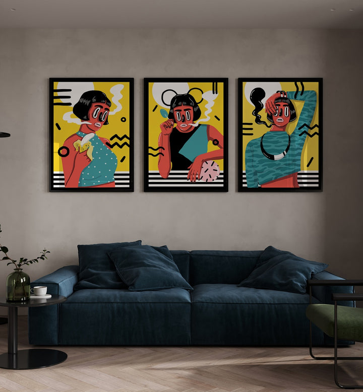 Madame X Framed Art Set Set Of 3 Paintings in Black Plain Frame placed on a wall behind a sofa