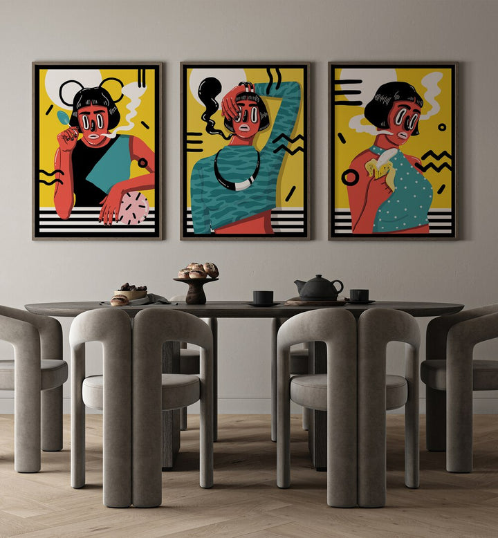 Madame X Framed Art Set Set Of 3 Paintings in Black Floater Frame placed on a wall behind a dining table