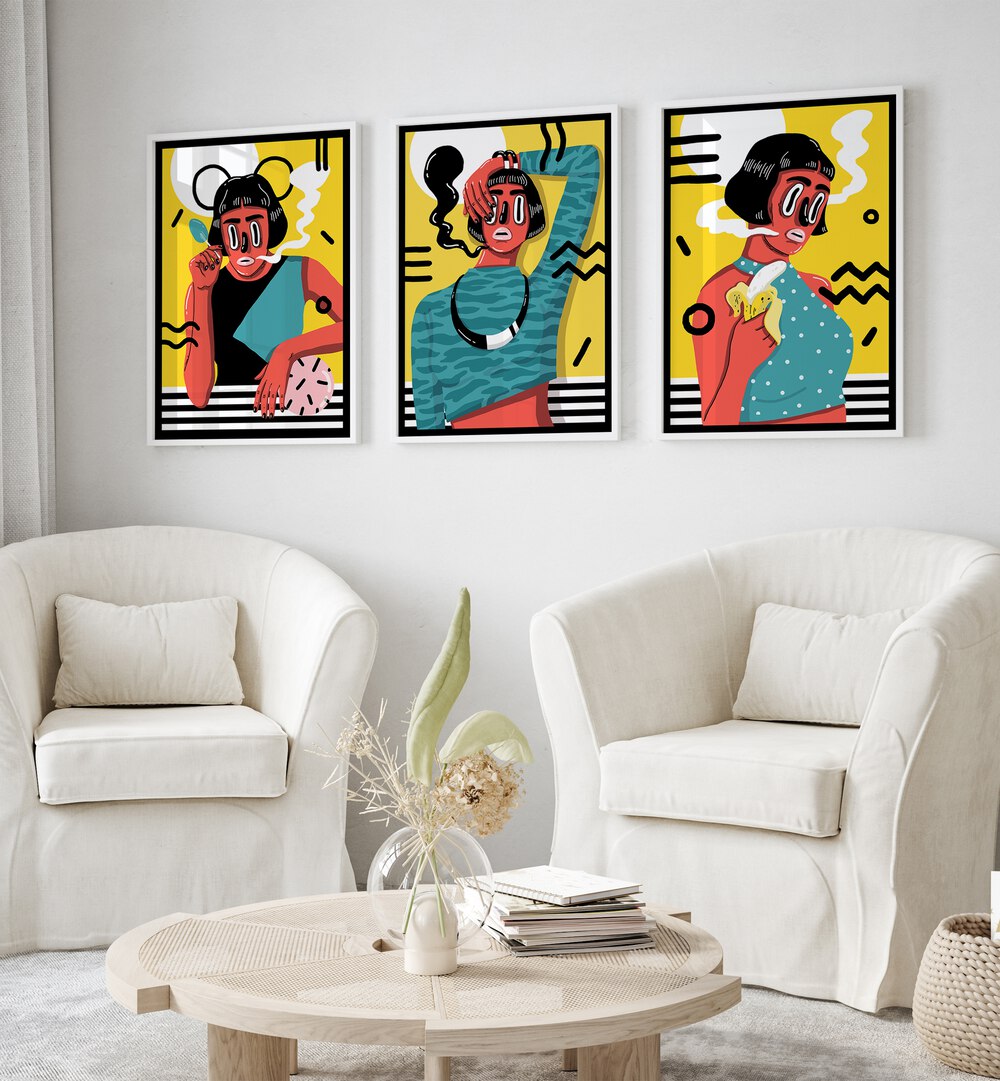 Madame X Framed Art Set Set Of 3 Paintings in White Plain Frame placed on a white wall behind a white sofa