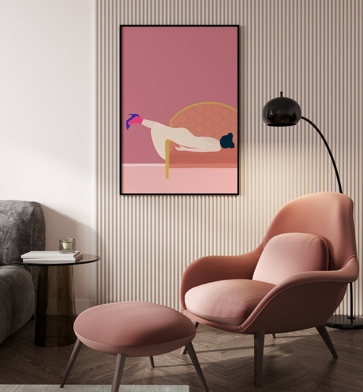 Maddies Mood by Jota De Jai Women Illustration Paintings in Black Plain Frame placed on a wall behind a sofa