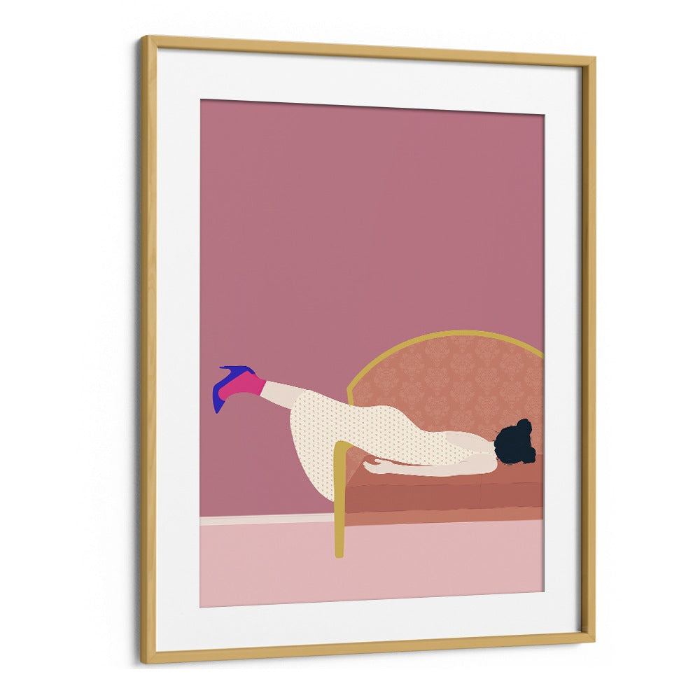 Maddies Mood by Jota De Jai Women Illustration Paintings in Oak Wood Frame With Mount