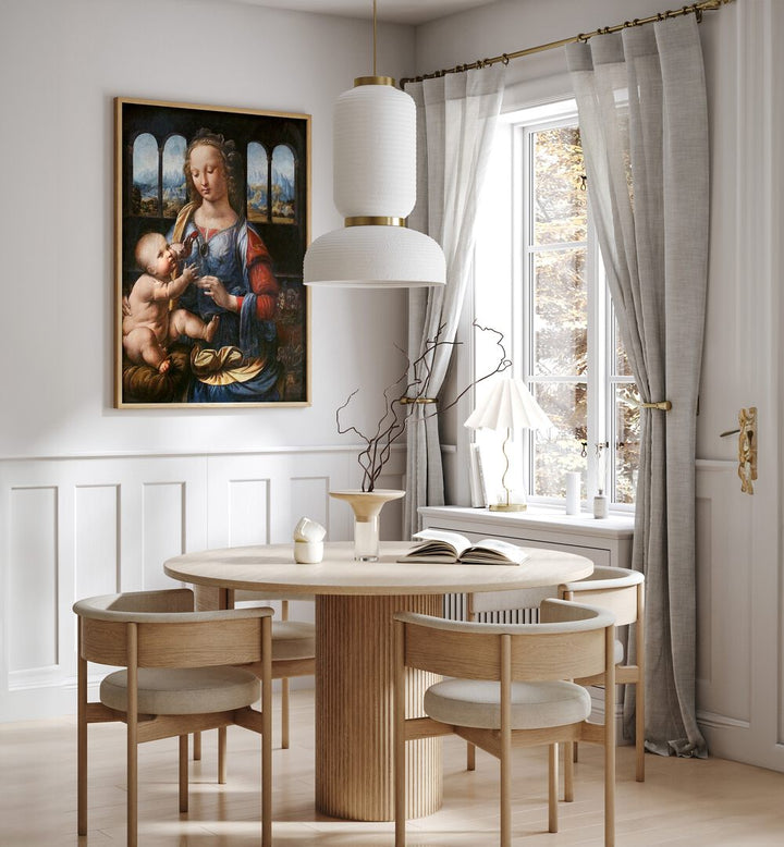 Madonna Of The Carnation 1470s Vintage Paintings in Oak Wood Plain Frame placed on a dining room wall behind a dining table and beside a window