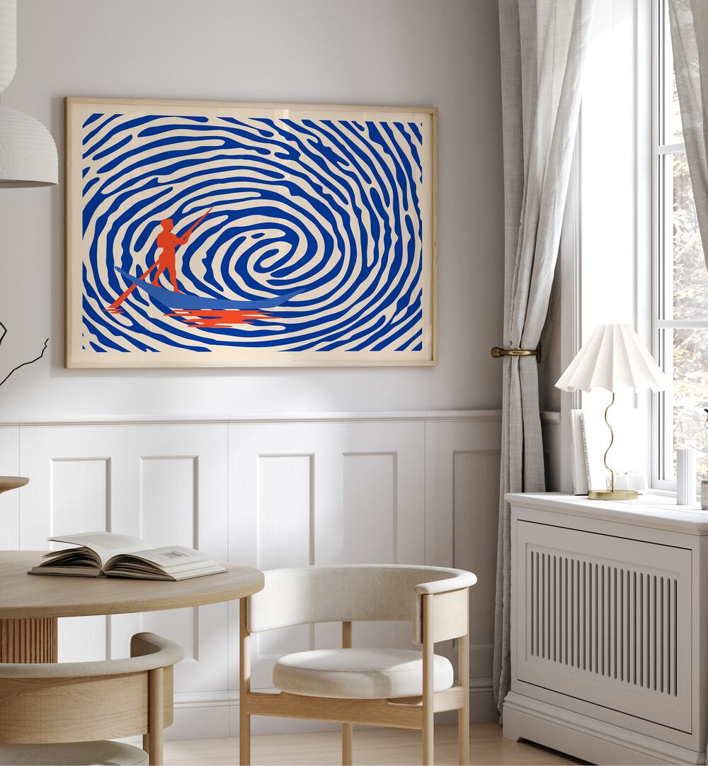 Maelstrom By Uma Gokhale Abstract Paintings in Oak Wood Plain Frame on a white wall beside a window