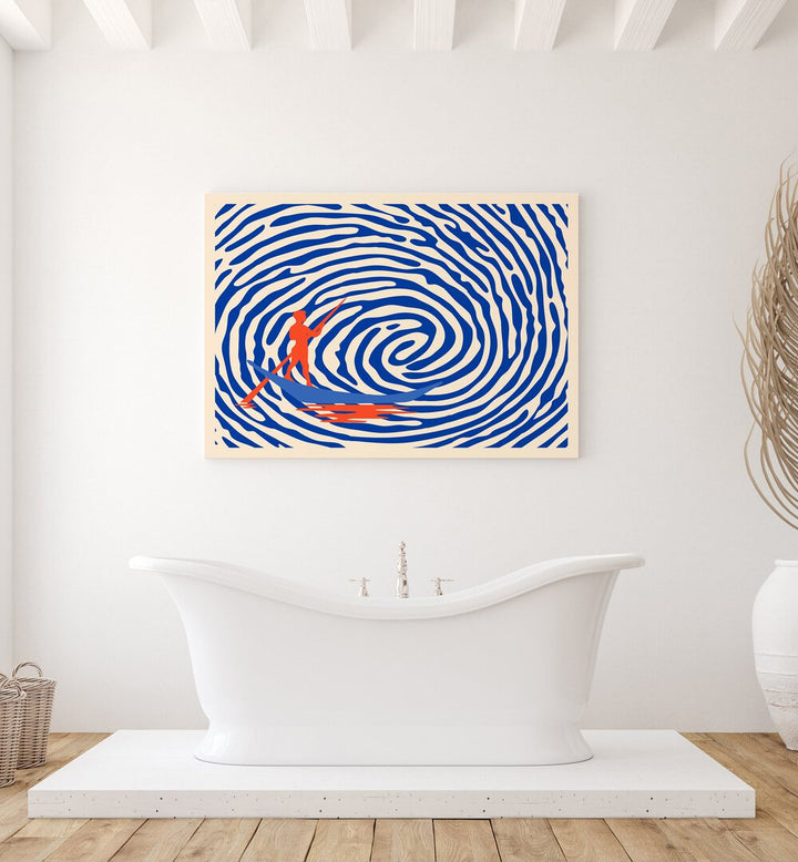 Maelstrom By Uma Gokhale Abstract Paintings in Gallery Wrap on a wall behind a bath tub for bathroom