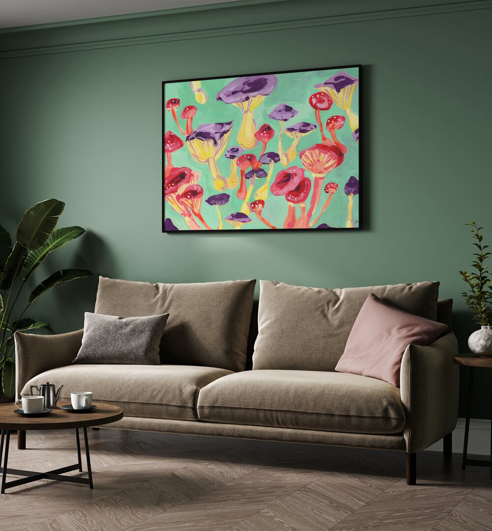 Magic Mushrooms By Ania Zwara Botanical Art Prints Floral Paintings in Black Plain Frame placed on a Green Colored Wall near a Brown Sofa in the Living Room