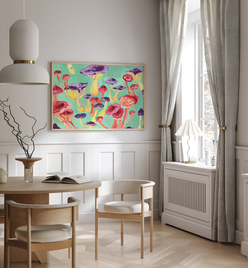 Magic Mushrooms By Ania Zwara Botanical Art Prints Floral Paintings in Oak Wood Plain Frame placed on a White Colored Wall near a Coffee Table in the Dining Room