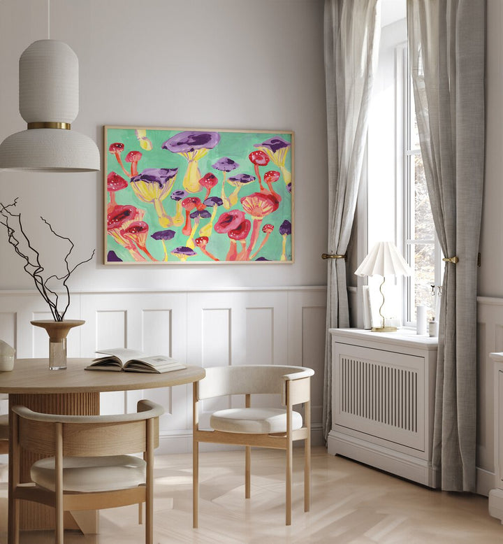 Magic Mushrooms By Ania Zwara Botanical Art Prints Floral Paintings in Oak Wood Plain Frame placed on a White Colored Wall near a Coffee Table in the Dining Room