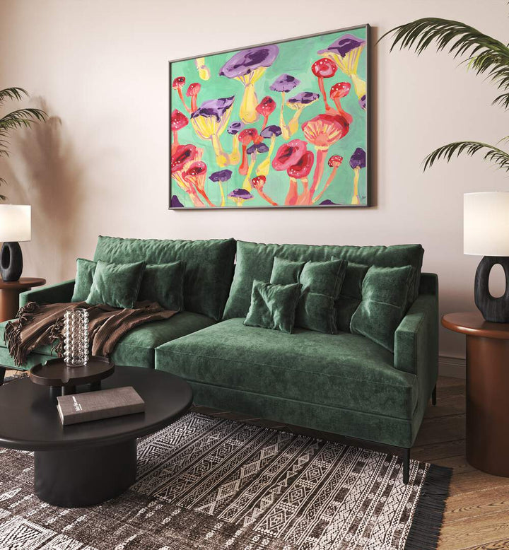 Magic Mushrooms By Ania Zwara Botanical Art Prints Floral Paintings in Black Plain Frame placed on a Cream Colored Wall near a Green Sofa  in the Living Room