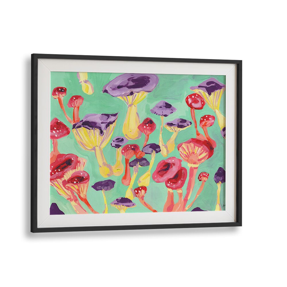 Magic Mushrooms By Ania Zwara Botanical Art Prints Floral Paintings in Black Frame With Mount