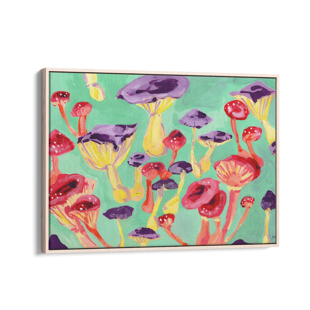 Magic Mushrooms By Ania Zwara Botanical Art Prints Floral Paintings in Oak Wood Floater Frame