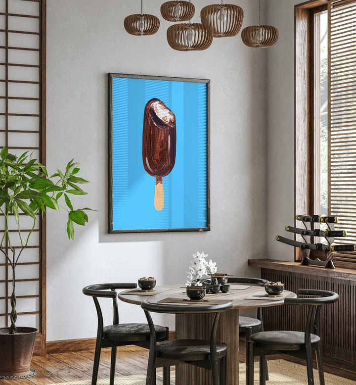 Magnum Ice Cream By Alice Straker Cafe Art Prints Cafe Posters in Dark Wood Plain Frame placed on a White Colored Wall near a Coffee Table in the Dining Room