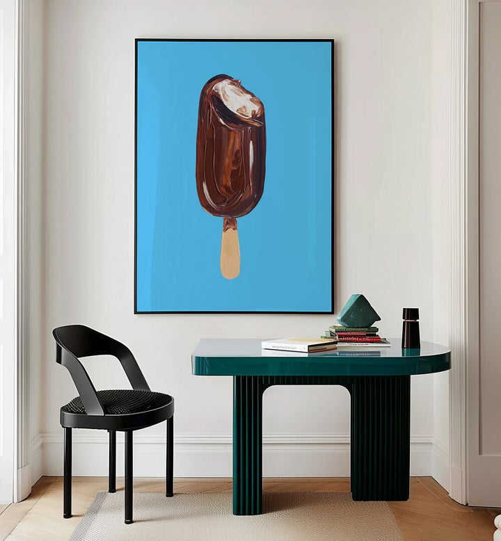 Magnum Ice Cream By Alice Straker Cafe Art Prints Cafe Posters in Black Plain Frame placed on a Cream Colored Wall near a Table in a Workspace in the Drawing Room