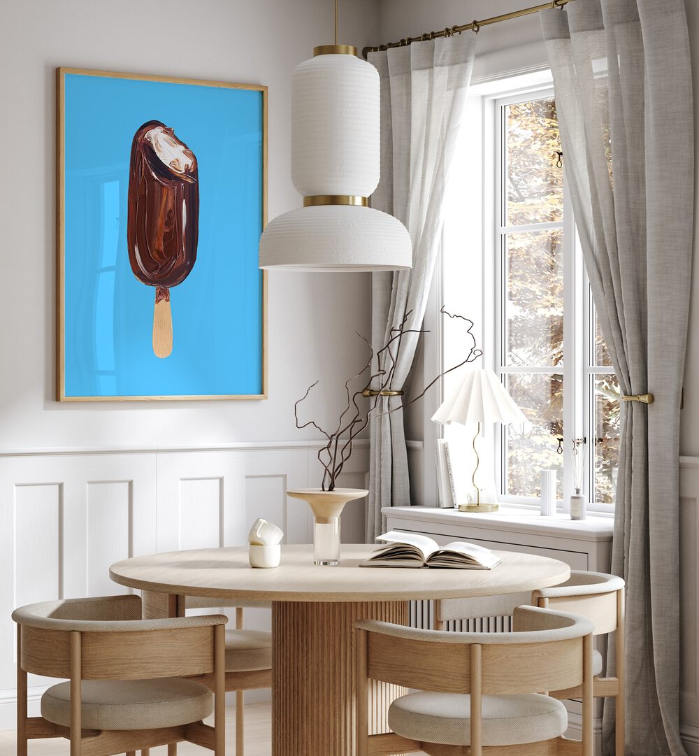 Magnum Ice Cream By Alice Straker Cafe Art Prints Cafe Posters in Oak Wood Plain Frame placed on a White Colored Wall near a Coffee Table in the Dining Room