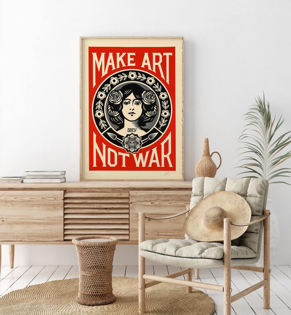 Make Art Not War Quotes and Typography Posters in Oak Wood Plain Frame placed on a console table behind a chair