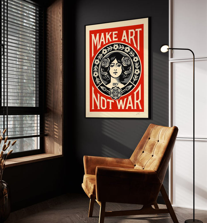 Make Art Not War Quotes and Typography Posters in Black Plain Frame placed on a wall between an orange sofa and window