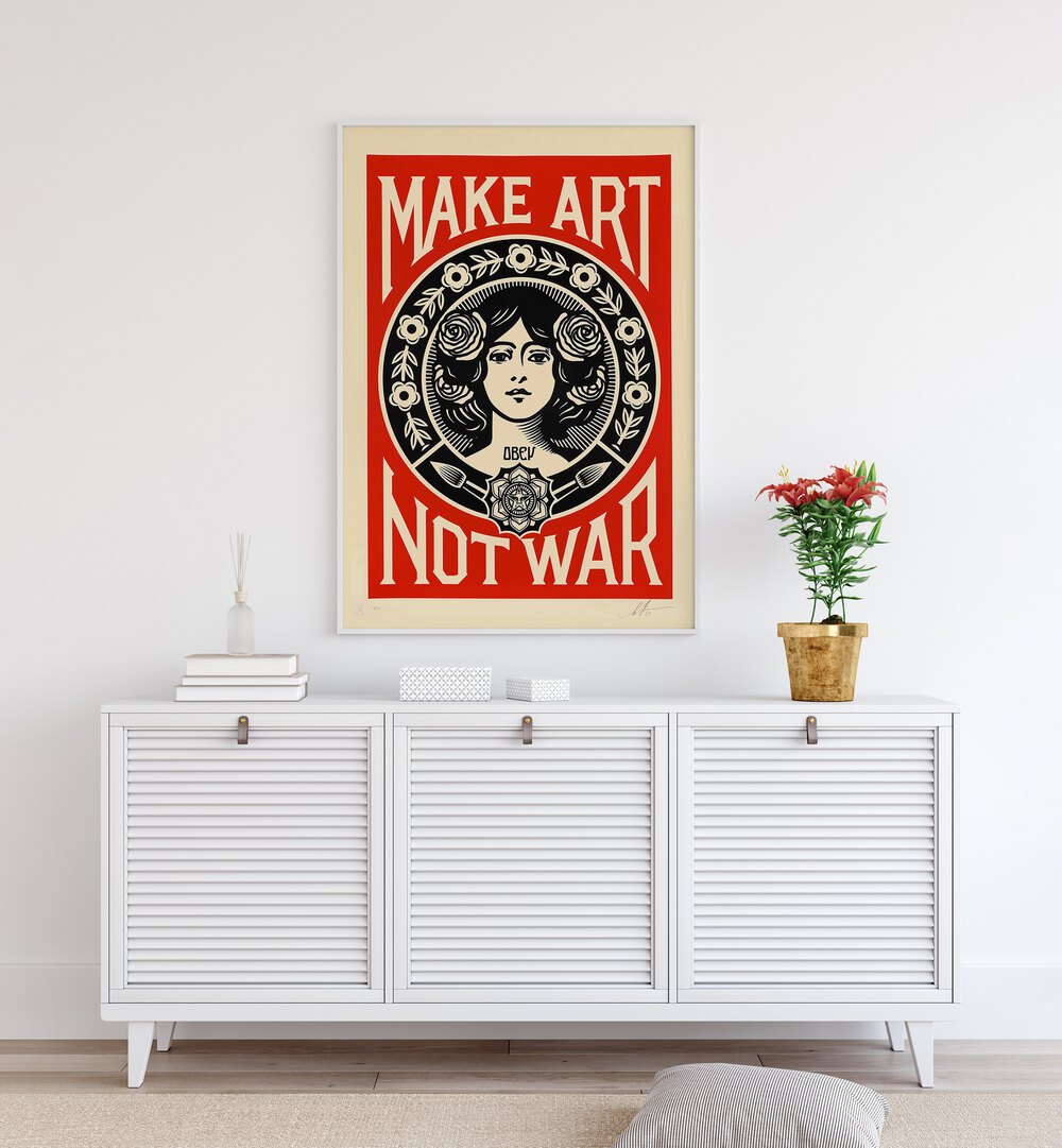 Make Art Not War Quotes and Typography Posters in White Floater Frame placed on a wall behind a white console table