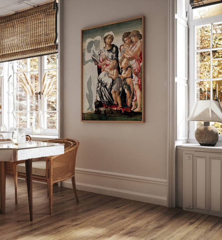 Manchester Madonna 1497 Vintage Paintings in Oak Wood Plain Frame placed on the wall between windows behind a table