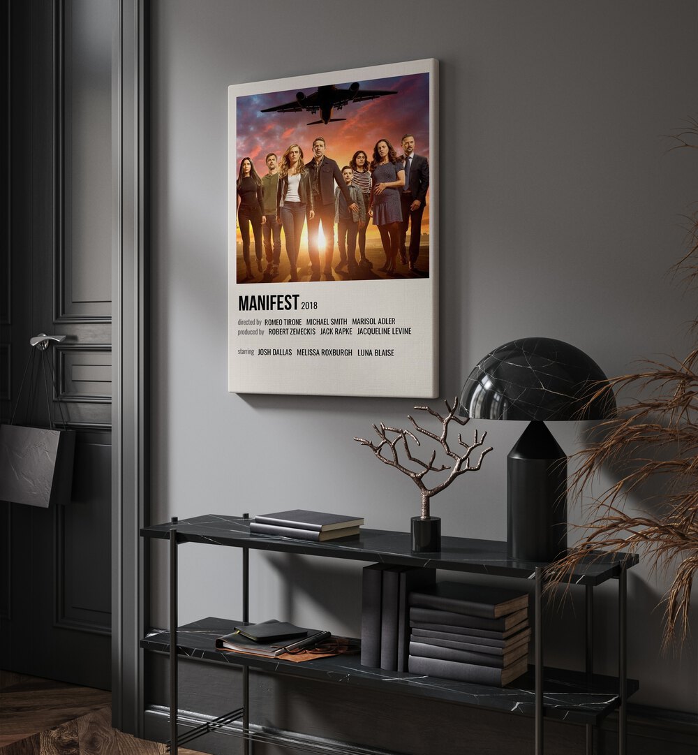 Manifest 2018 Movie Posters in Gallery Wrap hanging on wall above console table beside door and window