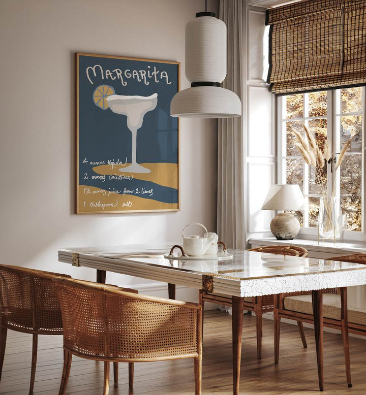 Margarita By 1 X Studio Cafe Art Prints Cafe Posters in Oak Wood Plain Frame placed on a White Colored Wall near a Dining Table in the Dining Room