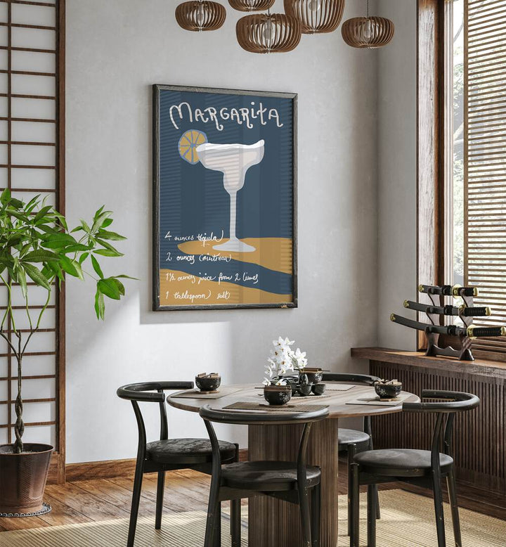 Margarita By 1 X Studio Cafe Art Prints Cafe Posters in Dark Wood Plain Frame placed on a White Colored Wall near a Coffee Table in the Dining Room