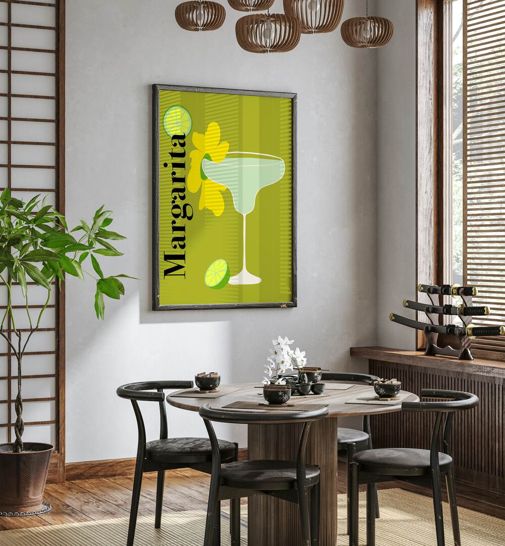 Margarita By Miho Art Studio Bar Posters Bar Art Prints in Dark Wood Plain Frame placed on a White Colored Wall near a Coffee Table in the Dining Room