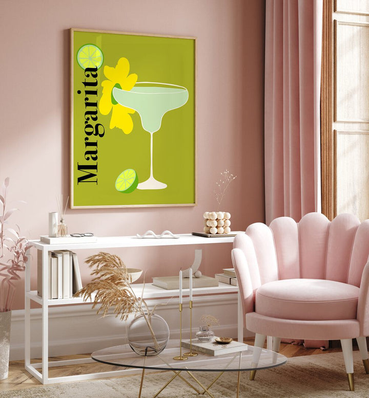 Margarita By Miho Art Studio Bar Posters Bar Art Prints in Oak Wood Plain Frame placed on a Pink Colored Wall above a Console Table in the Drawing Room