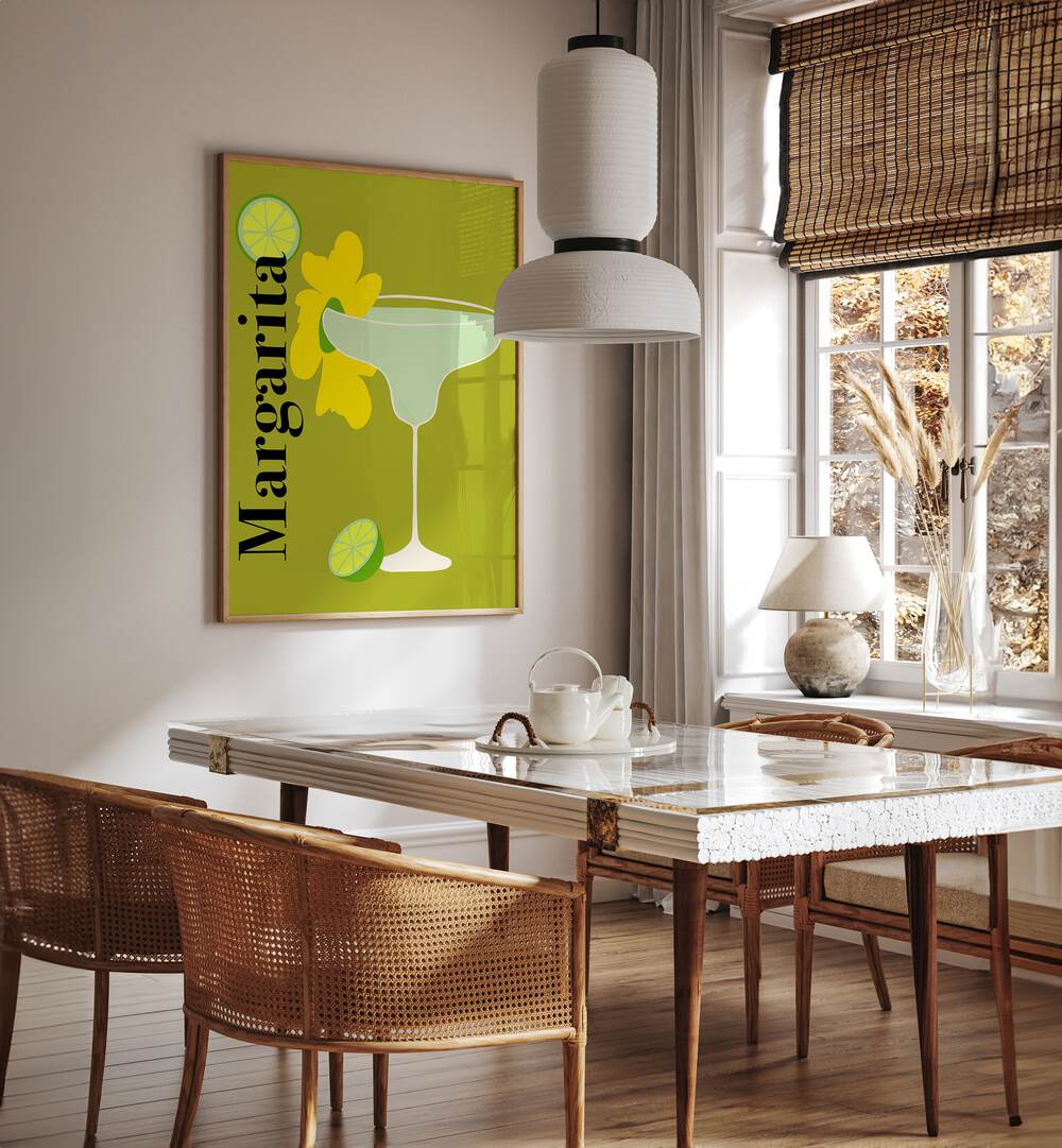 Margarita By Miho Art Studio Bar Posters Bar Art Prints in Oak Wood Plain Frame placed on a White Colored Wall near a Dining Table in the Dining Room