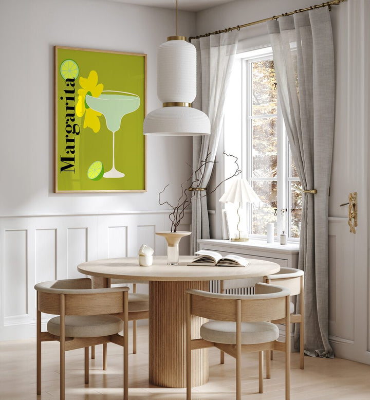 Margarita By Miho Art Studio Bar Posters Bar Art Prints in Oak Wood Plain Frame placed on a White Colored Wall near a Coffee Table in the Dining Room