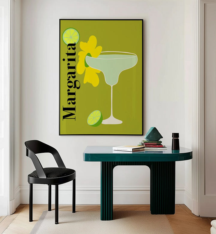 Margarita By Miho Art Studio Bar Posters Bar Art Prints in Black Plain Frame placed on a Cream Colored Wall near a Table in a Workspace in the Drawing Room