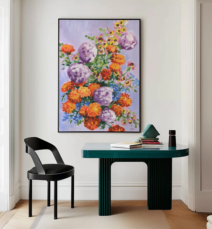 Marigold And Hydrangea By Ania Zwara Botanical Art Prints Floral Paintings in Black Plain Frame placed on a Cream Colored Wall near a Table in a Workspace in the Drawing Room