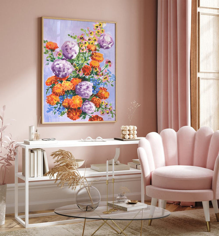 Marigold And Hydrangea By Ania Zwara Botanical Art Prints Floral Paintings in Oak Wood Plain Frame placed on a Pink Colored Wall above a Console Table in the Drawing Room