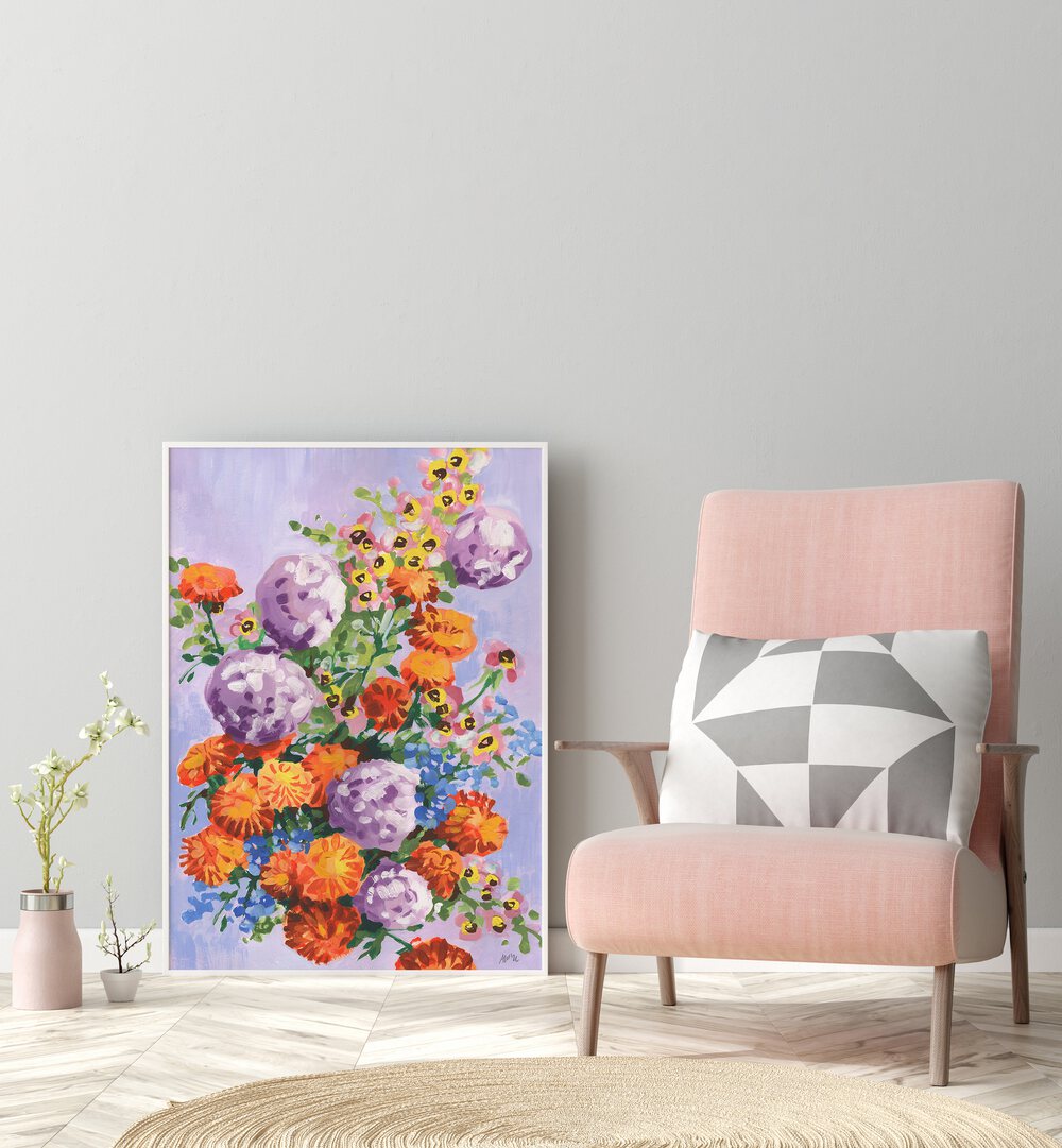 Marigold And Hydrangea By Ania Zwara Botanical Art Prints Floral Paintings in White Plain Frame placed on the floor near a Grey Colored Wall in the Drawing Room