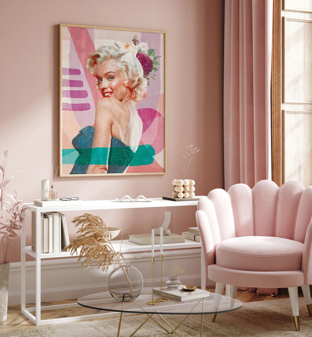 Marilyn Is Back Portraits and Figurative Illustrations in Oak Wood Plain Frame placed on a Pink Colored Wall above a Shelf in the Drawing Room