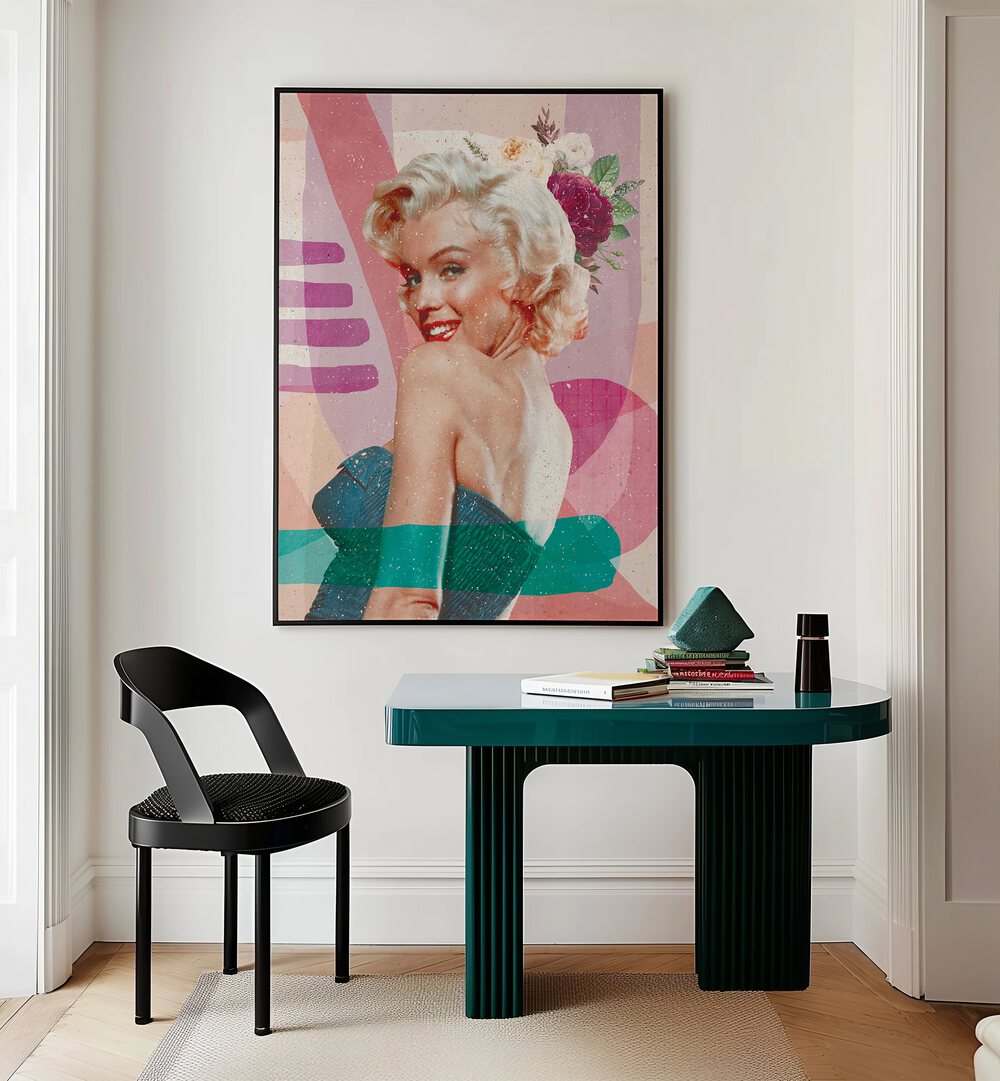 Marilyn Is Back Portraits and Figurative Illustrations in Black Plain Frame placed on a White Colored Wall Above a Study Table near a Workspace in the Drawing Room