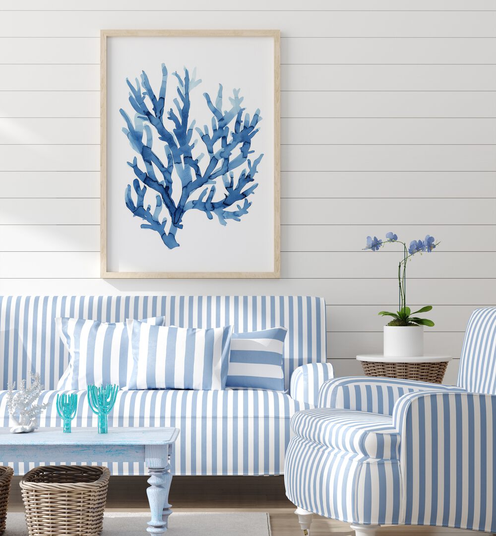 Marine Botanicals I Beach Prints Coastal Wall Art in White Plain Frame placed on a white wall behind a sofa