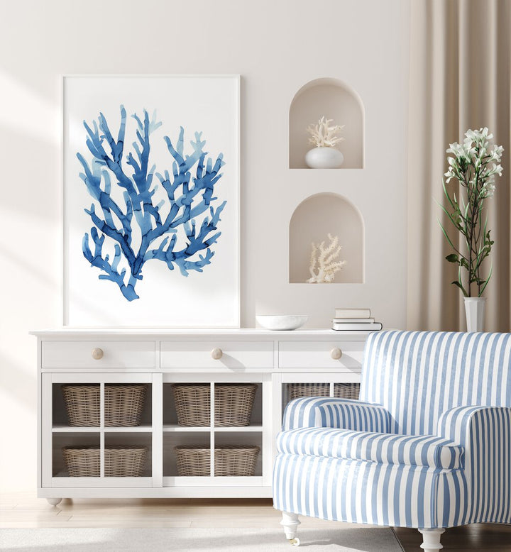 Marine Botanicals I Beach Prints Coastal Wall Art in White Plain Frame placed on a white console table beside a sofa