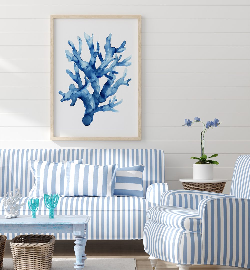 Marine Botanicals II Beach Prints Coastal Wall Art in Oak Wood Plain Frame placed on a wall behind a sofa