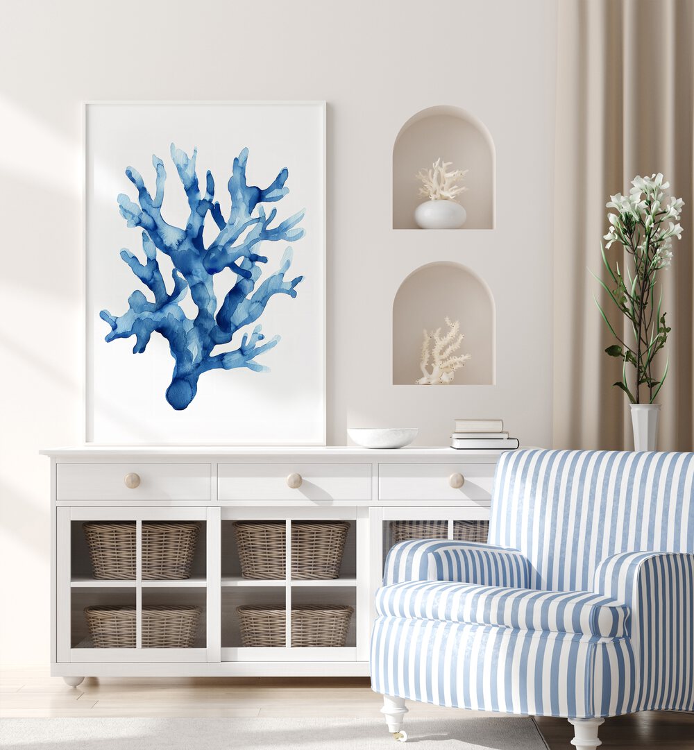 Marine Botanicals II Beach Prints Coastal Wall Art in White Plain Frame placed on a white console table beside a sofa