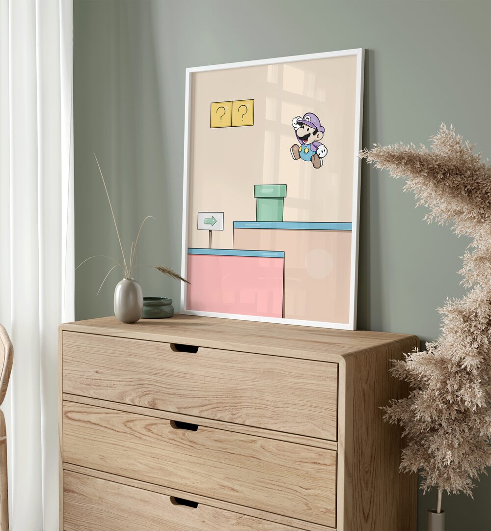 Mario By Samridhi Sharma Gaming Posters in White Plain Frame placed on a Console Table   near a Green Colored Wall